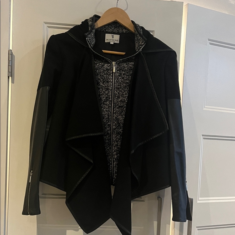 Black Waterfall Blazer with Leather Trim